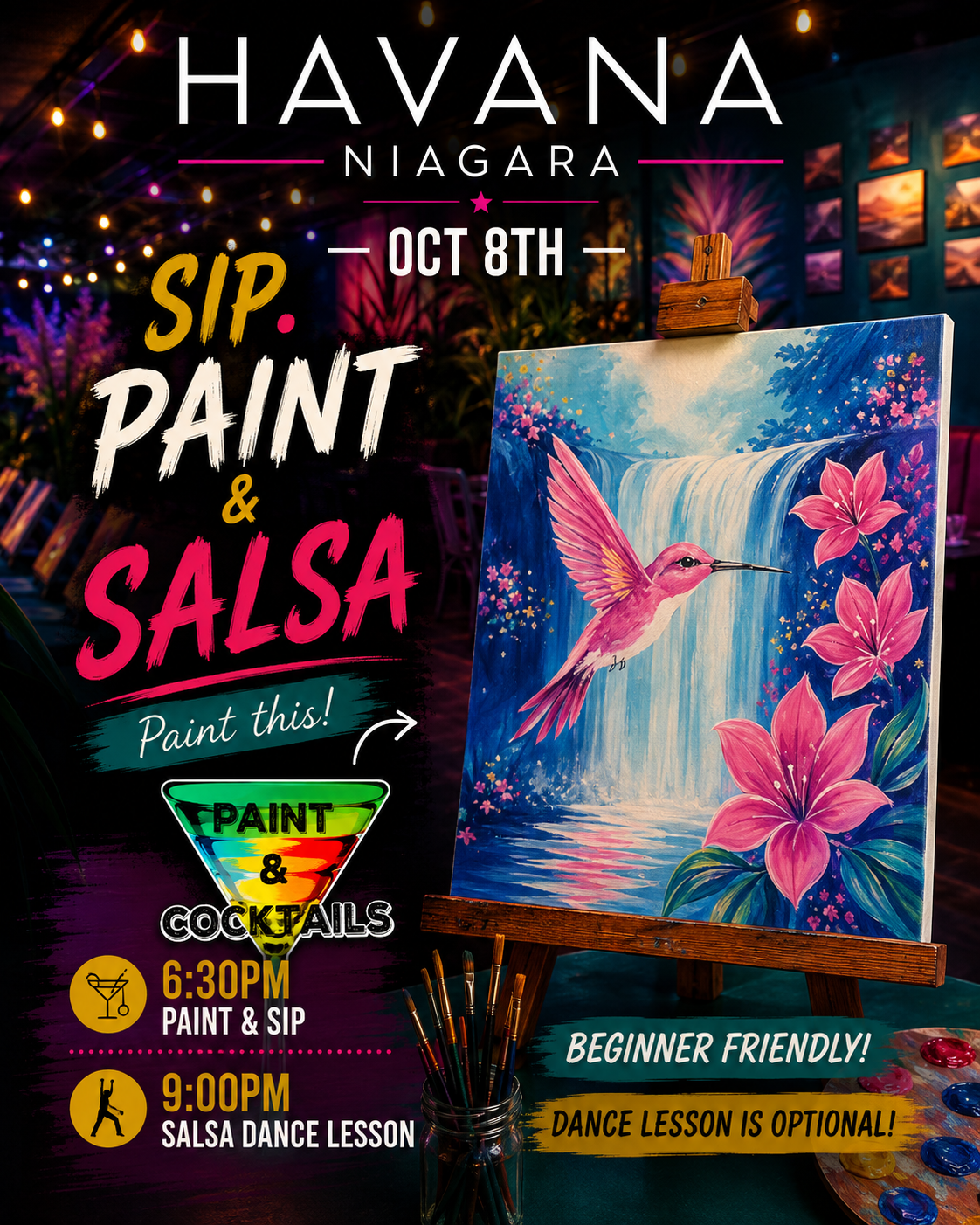 Havana Oct 8th Paint & Salsa Night At Havana Niagara Restaurant, Niagara Falls - Oct 8th, 2026 "Hummingbird Waterfall" - Image 1